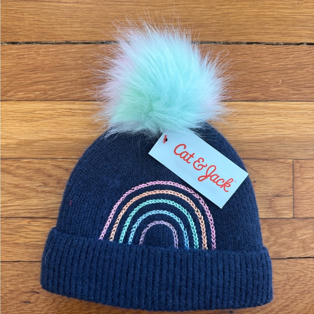 Cat & Jack Navy Beanie with Pastel Rainbow and Mint Pom Pom